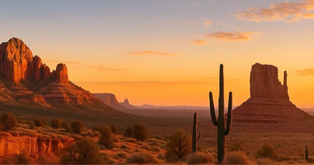 Monument Valley desert sunset with red rock formations for an Arizona travel guide