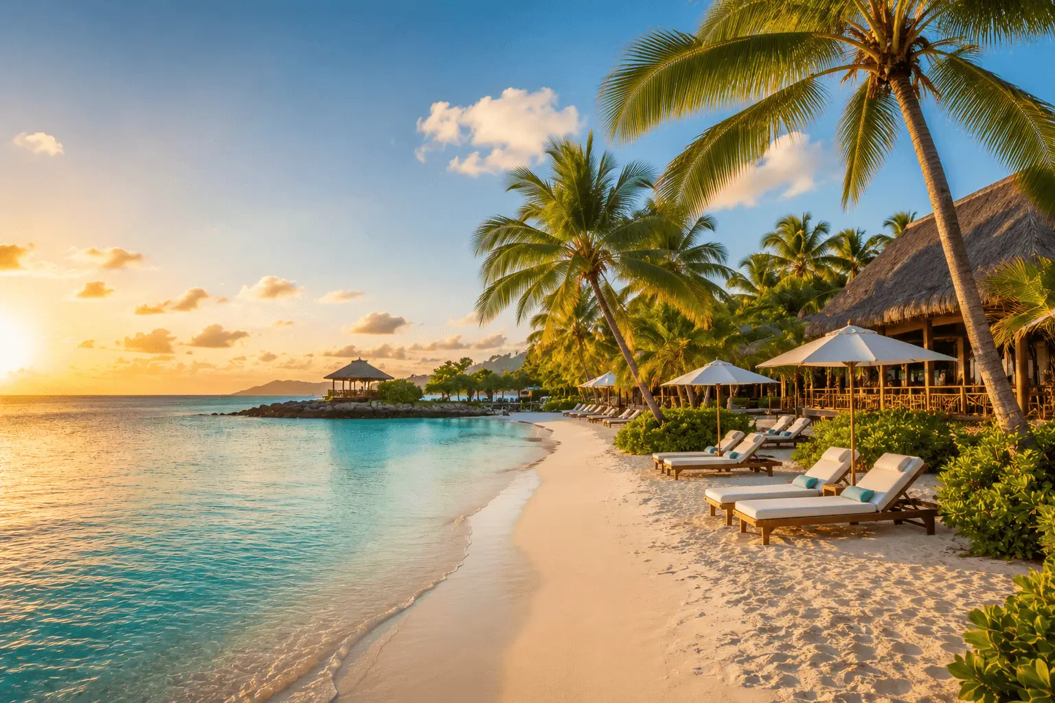 Luxury Caribbean beachfront resort with turquoise water, white sand, palm trees, and warm golden-hour light