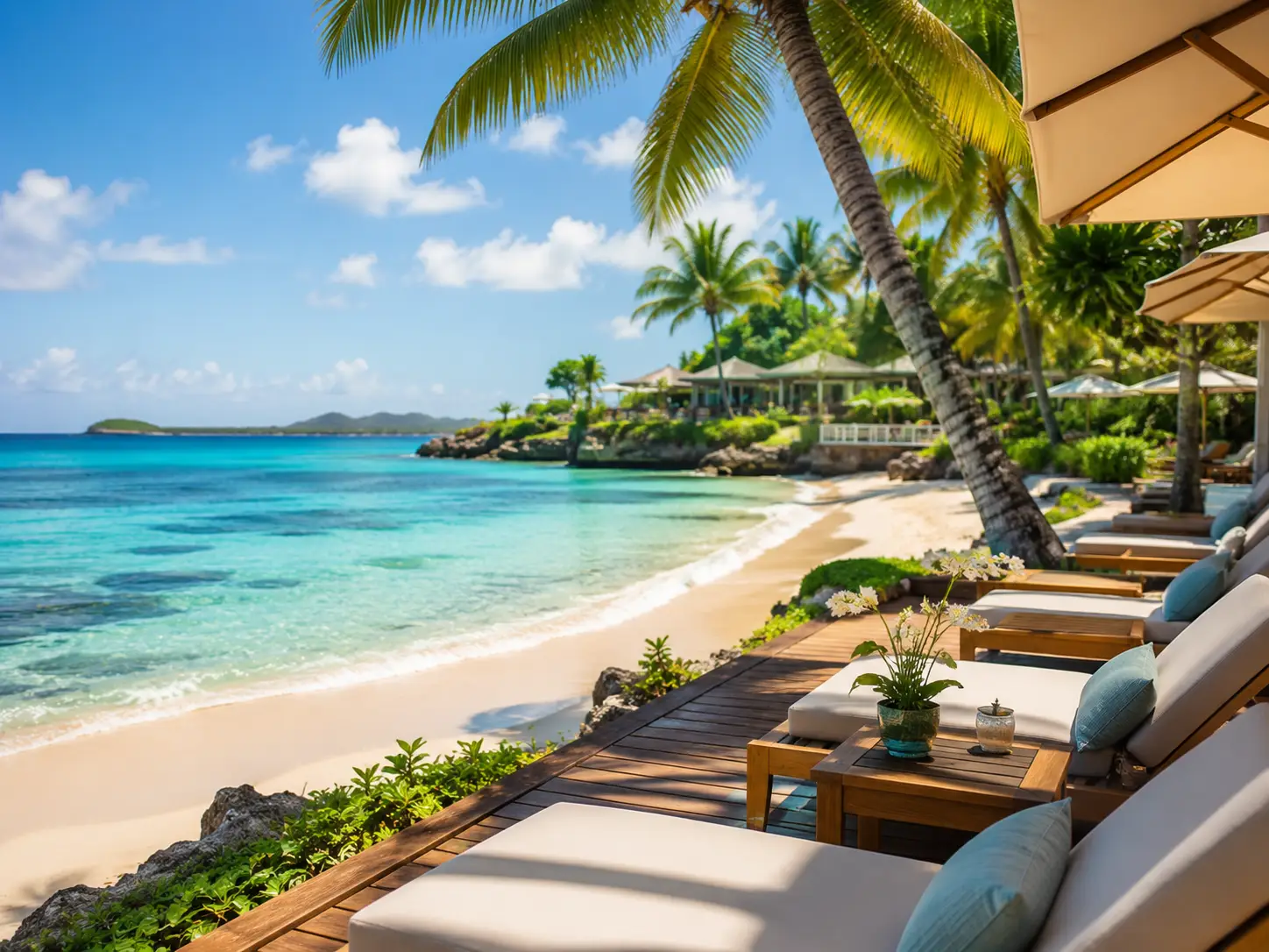 Luxury Caribbean beach resort with turquoise water, palm trees, and warm natural light