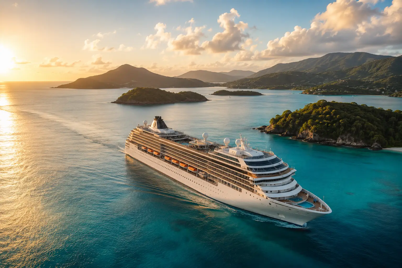 Large cruise ship sailing through tropical blue water near scenic islands for cruise vacation planning