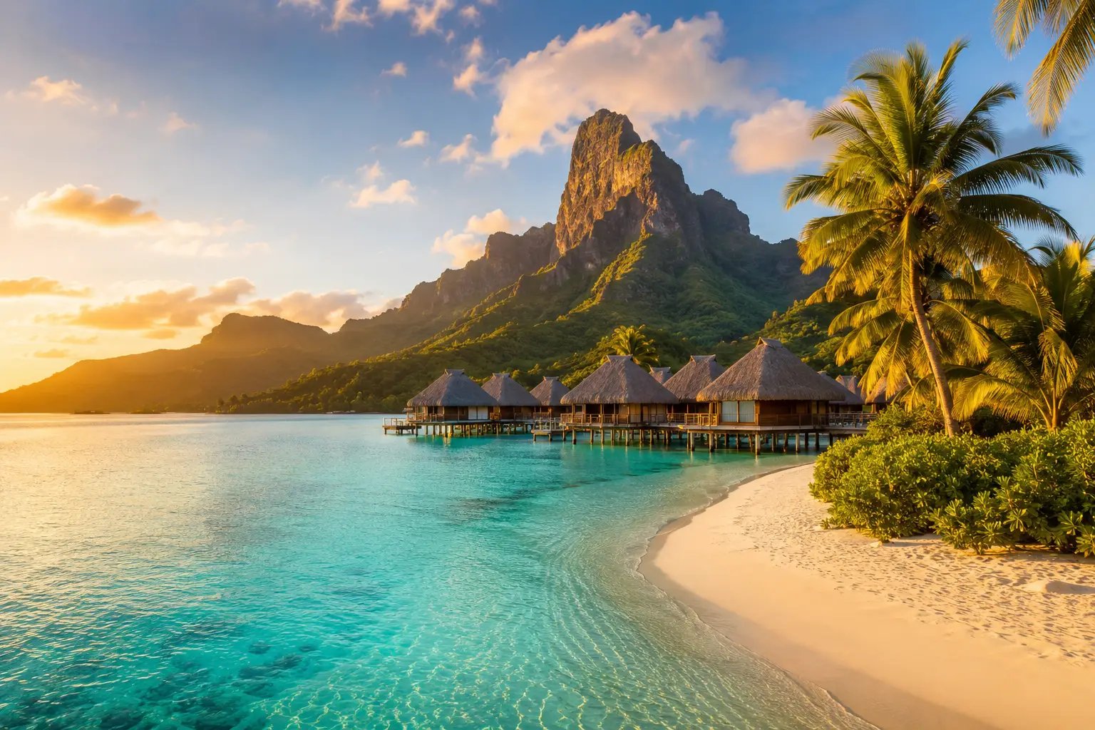 Dream destination island with turquoise lagoon, overwater villas, tropical mountains, palm trees, and warm natural light