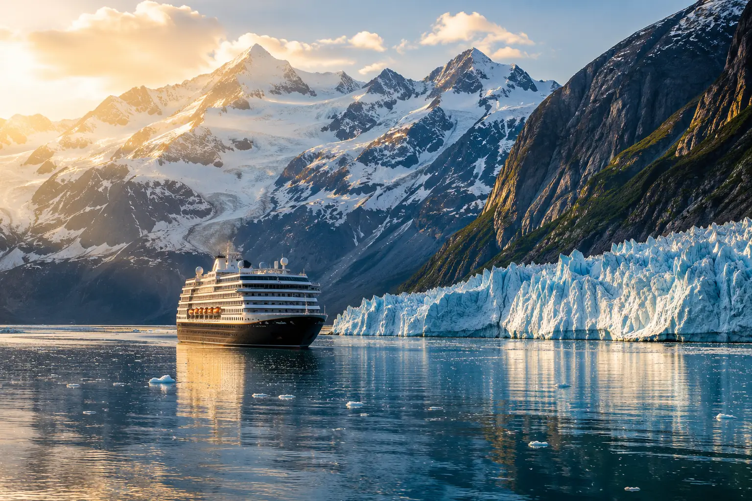 Premium Alaska cruise scene with glaciers, snow-capped mountains, calm blue water, and scenic wilderness