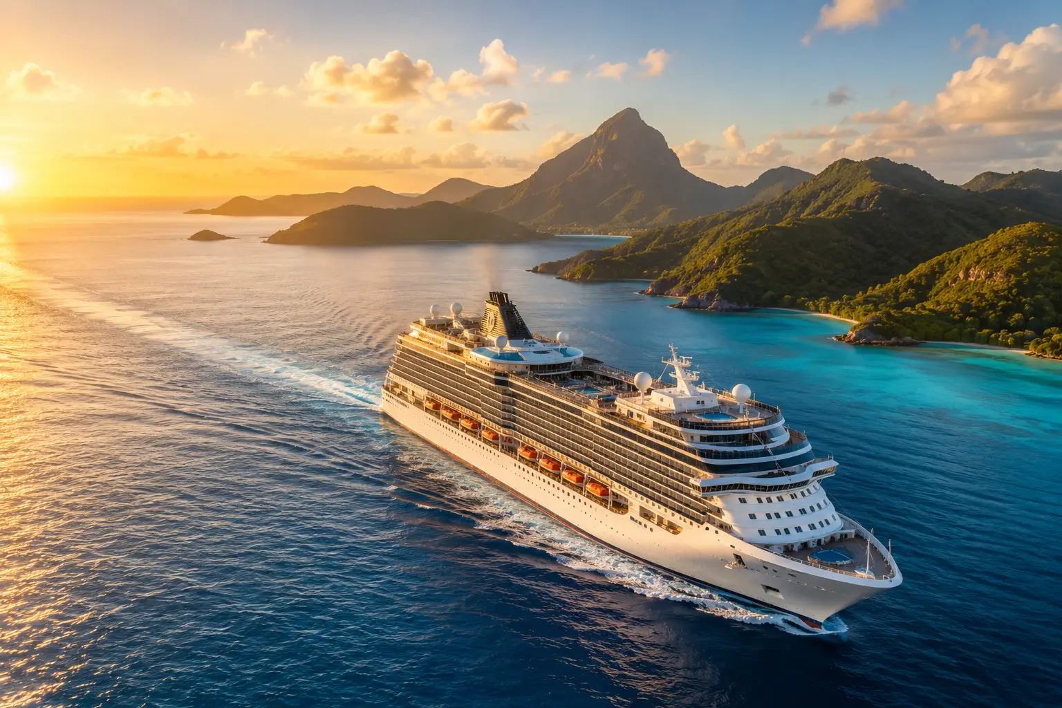 Cruise ship sailing through blue tropical water near scenic islands in warm golden-hour light