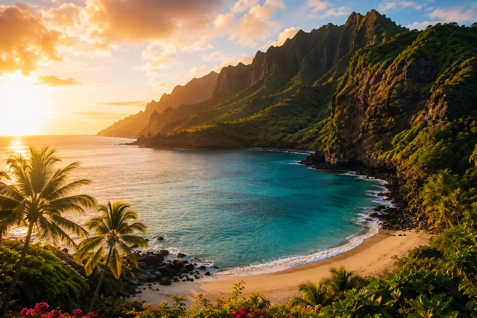 Premium Hawaii travel scene with lush green cliffs, turquoise ocean, soft beach, palm trees, and warm sunrise light