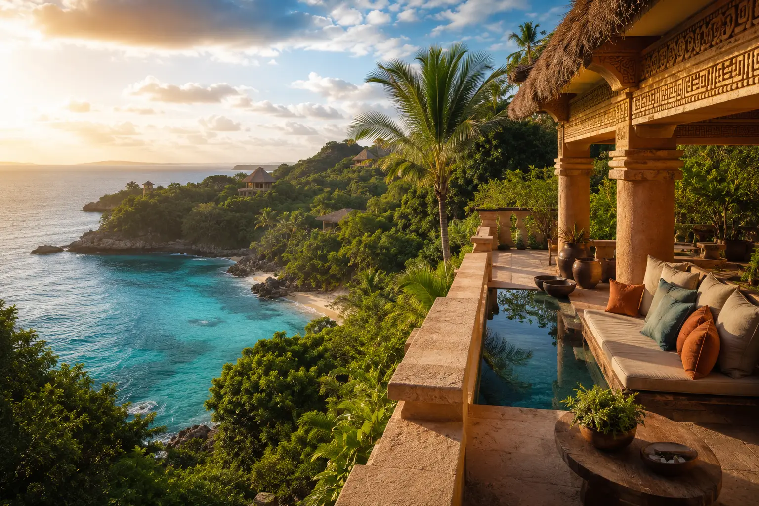 Premium Mexico and Central America travel scene with tropical coastline, lush jungle, resort terrace, and warm natural light