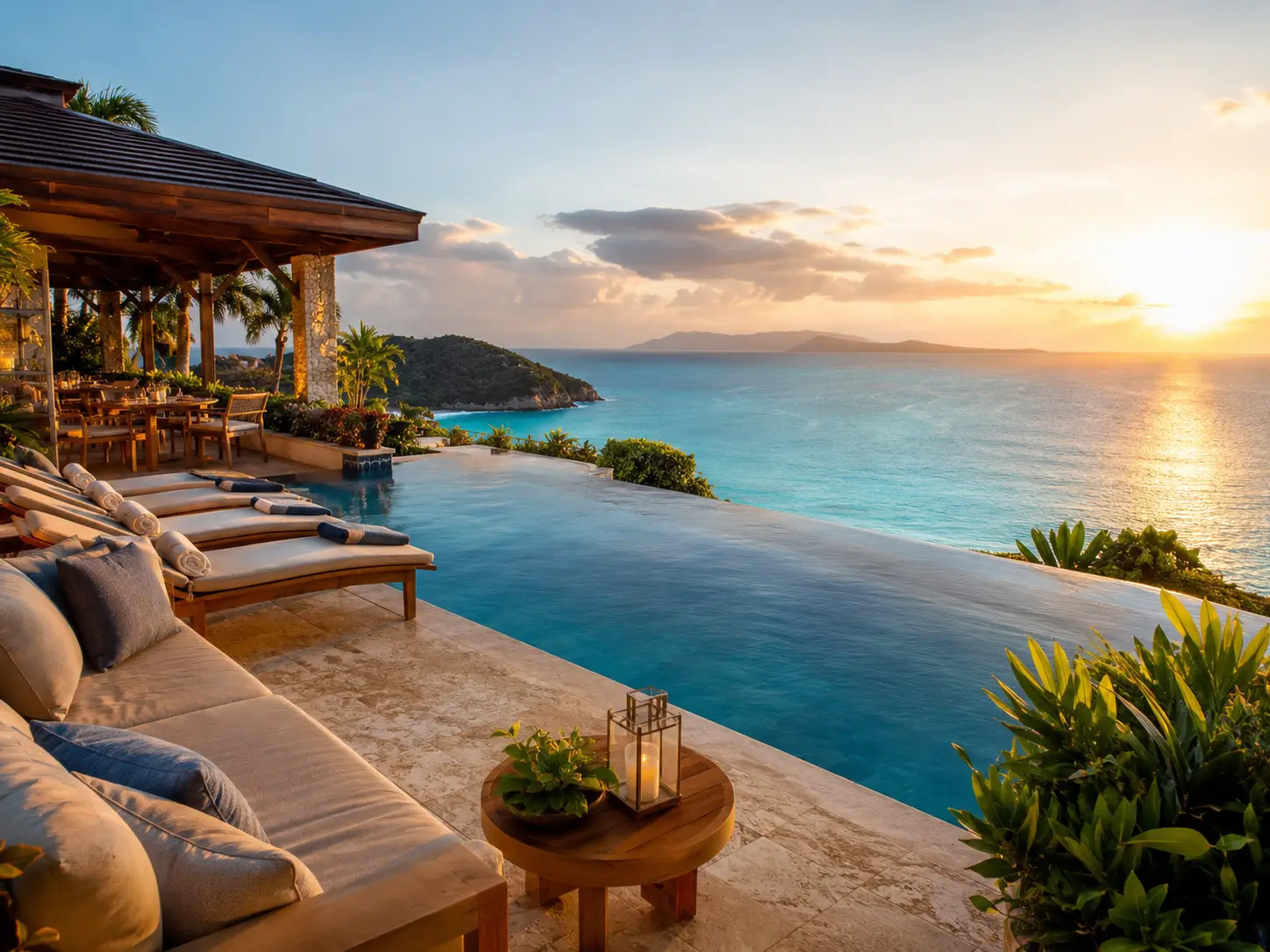 Luxury resort with elegant infinity pool, tropical blue water, refined lounge seating, and warm sunset light
