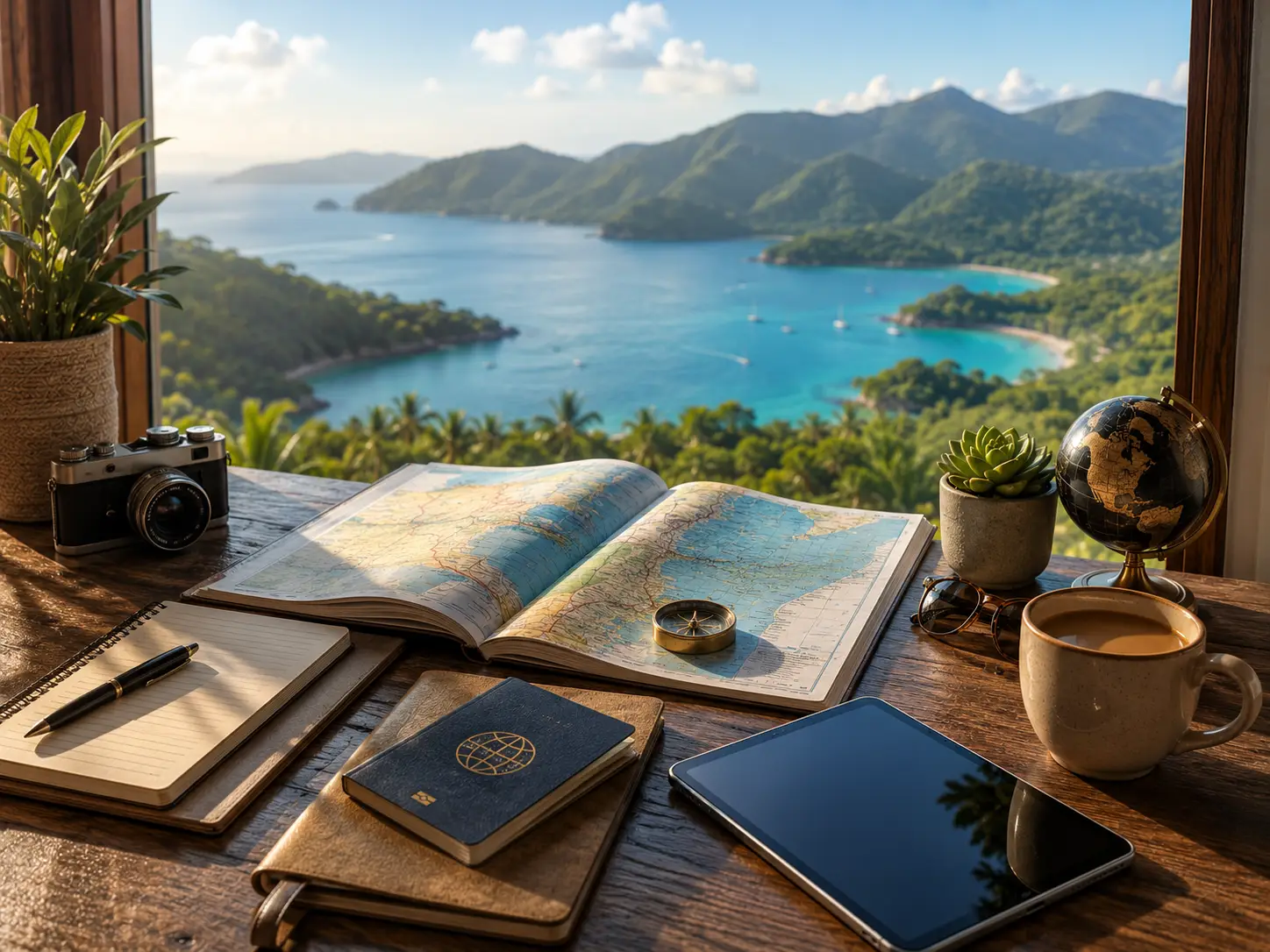 Travel planning desk with map, passport, coffee, and tropical ocean view for Sehlmeyer Travel guides