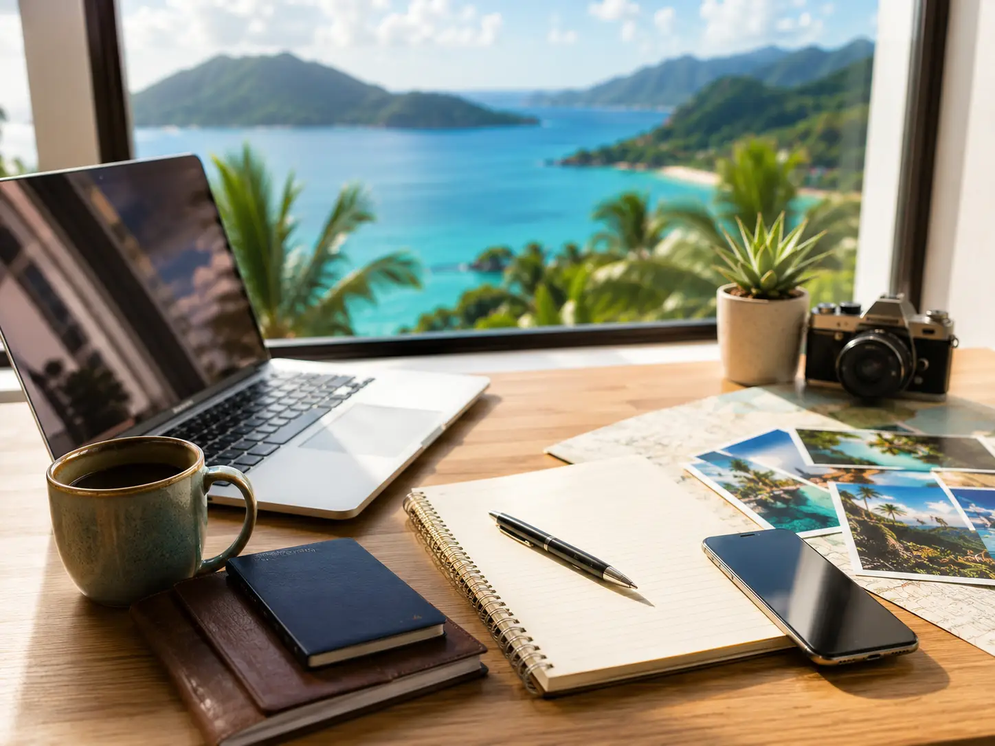Travel consultation desk with notebook, phone, passport, coffee, laptop, and tropical water view for personal trip planning