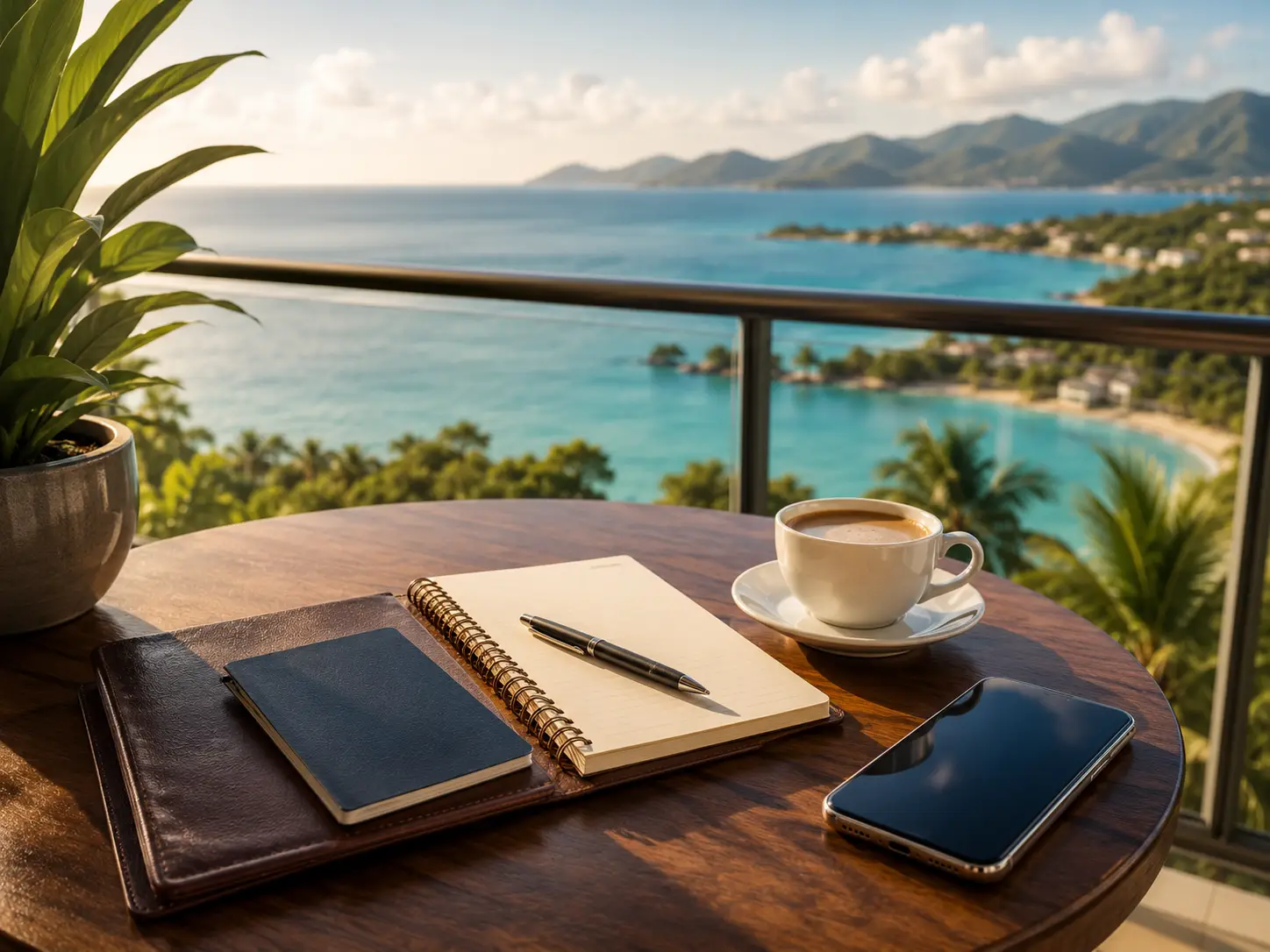 Passport, notebook, phone, and coffee on a resort balcony overlooking tropical blue water for personal vacation planning