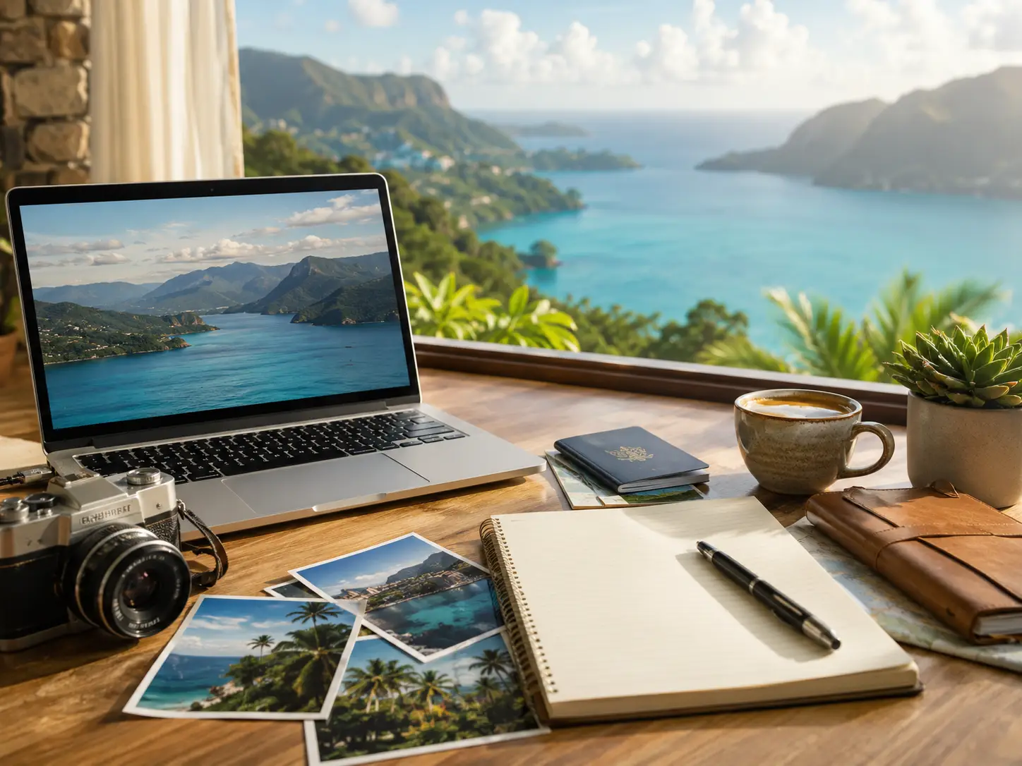 Travel planning workspace with laptop, passport, notebook, coffee, and tropical view for Sehlmeyer Travel blog guides