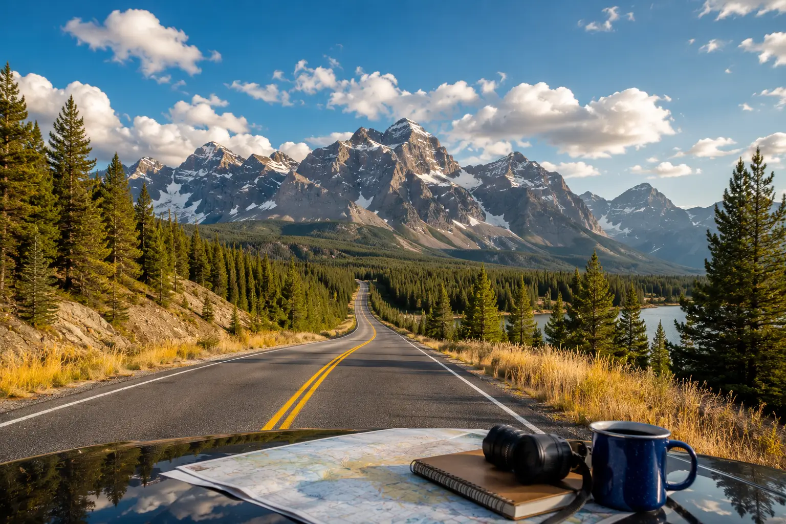 Premium United States travel scene with scenic road, mountains, national park landscape, and warm natural light