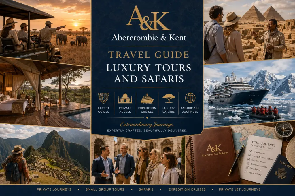 Luxury Abercrombie and Kent style editorial collage with safari lodge private guide expedition cruise cultural journey and premium travel planning
