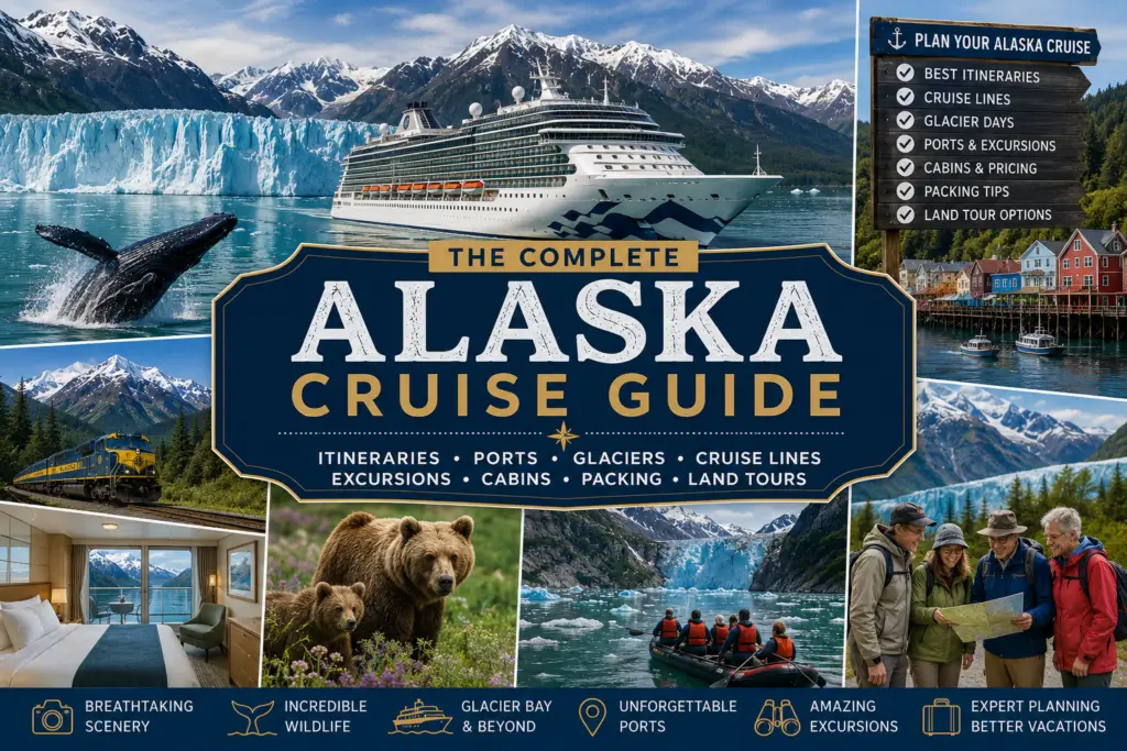 Alaska cruise guide collage with cruise ship glaciers Glacier Bay whale watching scenic ports cabins excursions and planning tips