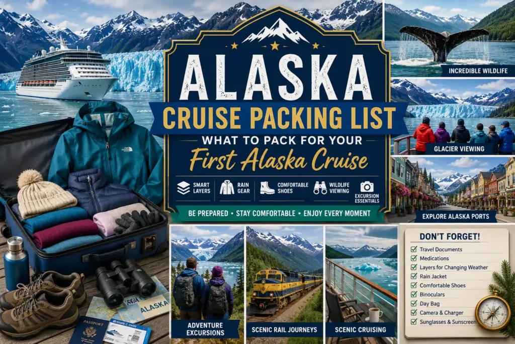 Alaska cruise packing list collage with suitcase rain jacket layers hiking shoes binoculars cruise ship glaciers excursions and travel essentials
