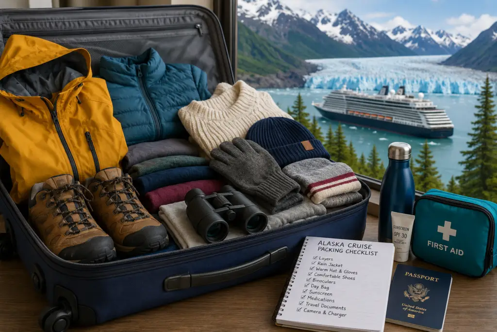 Open suitcase packed with layers rain jacket hiking shoes binoculars and cruise essentials for an Alaska cruise
