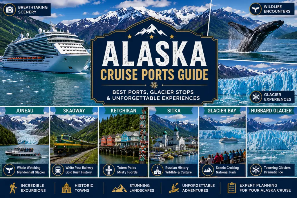 Alaska cruise ports guide collage with Juneau Skagway Ketchikan Sitka Glacier Bay Hubbard Glacier cruise ship wildlife and excursions