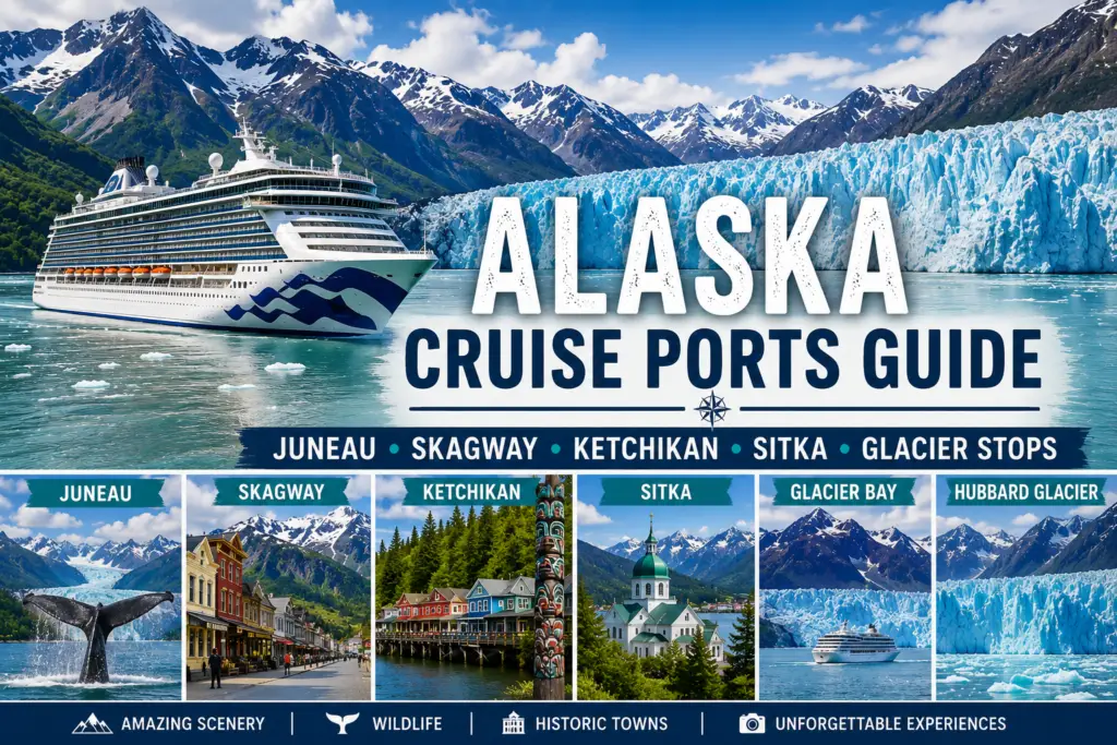 Alaska cruise ship sailing past glaciers and mountains with Juneau Skagway Ketchikan Sitka and glacier stops