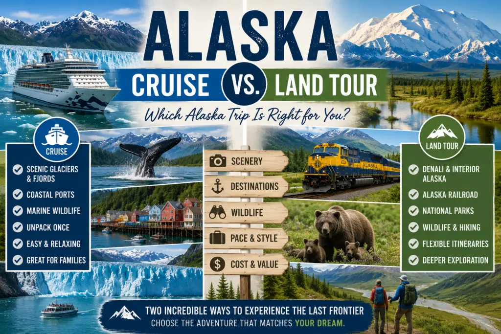 Alaska cruise vs land tour comparison collage with cruise ship glaciers Denali Alaska Railroad wildlife ports and interior Alaska scenery