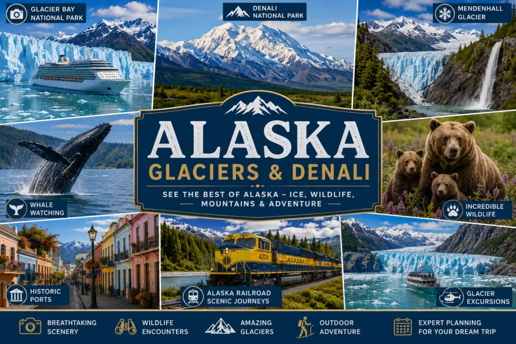 Alaska glaciers and Denali travel guide collage with Glacier Bay Mendenhall Glacier Denali National Park Alaska Railroad wildlife and mountain scenery