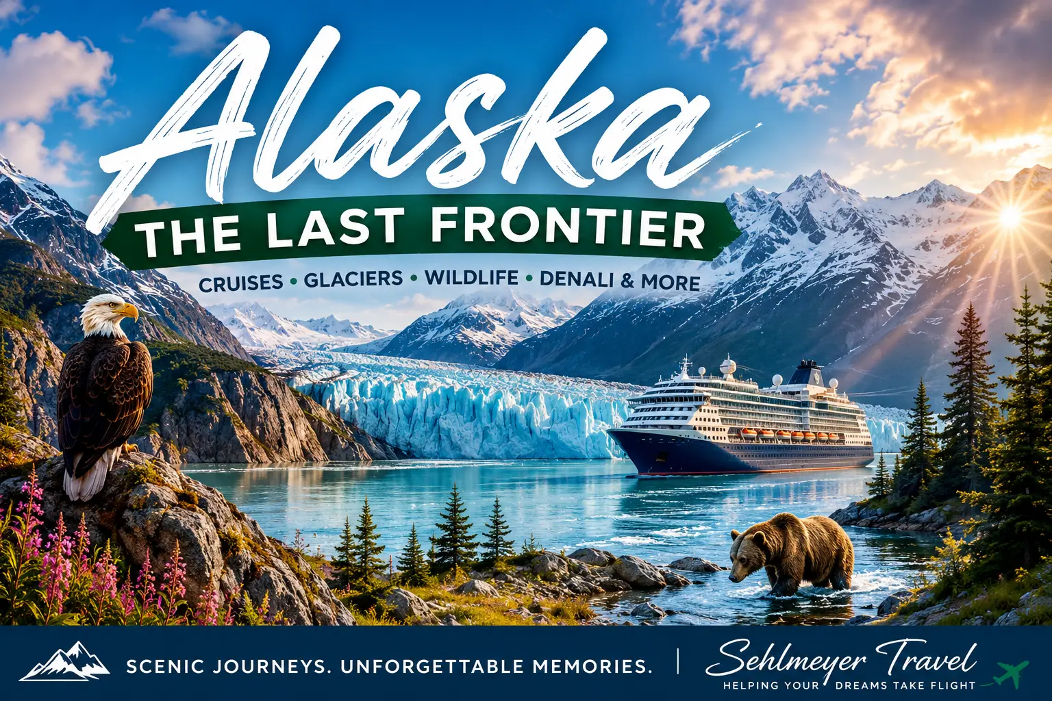 Alaska travel guides collage with cruise ship, glaciers, Denali, rail travel, wildlife, mountains, scenic ports, and Sehlmeyer Travel planning for The Last Frontier