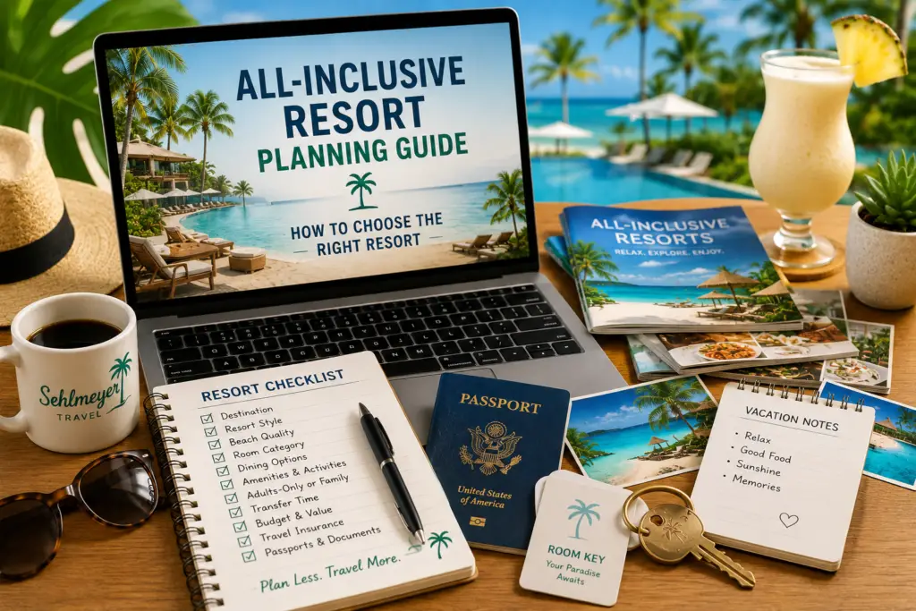 All-inclusive resort planning guide with beach resort pool room key passport checklist and tropical vacation detail