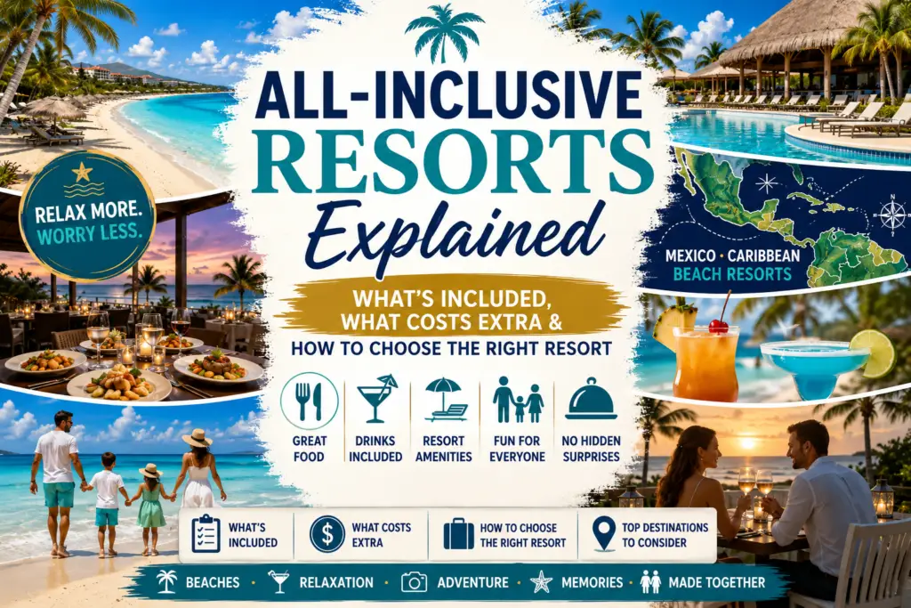All-inclusive resort planning collage with beach resort pool dining drinks family vacation couples and travel checklist icons