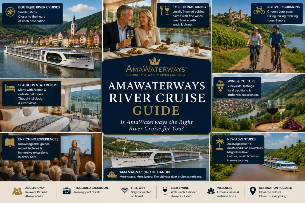 Premium AmaWaterways river cruise guide collage with boutique river ship European villages wine dining active excursions biking wellness AmaMagna Magdalena River and luxury travel