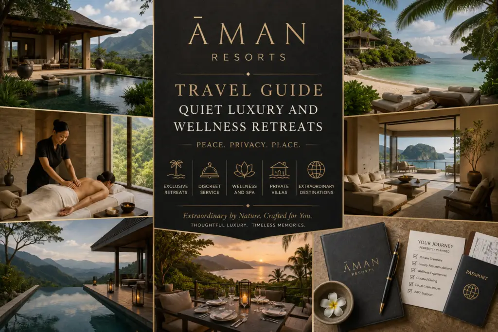 Luxury Aman Resorts style editorial collage with private villa tranquil spa minimalist design wellness retreat beach and premium travel planning