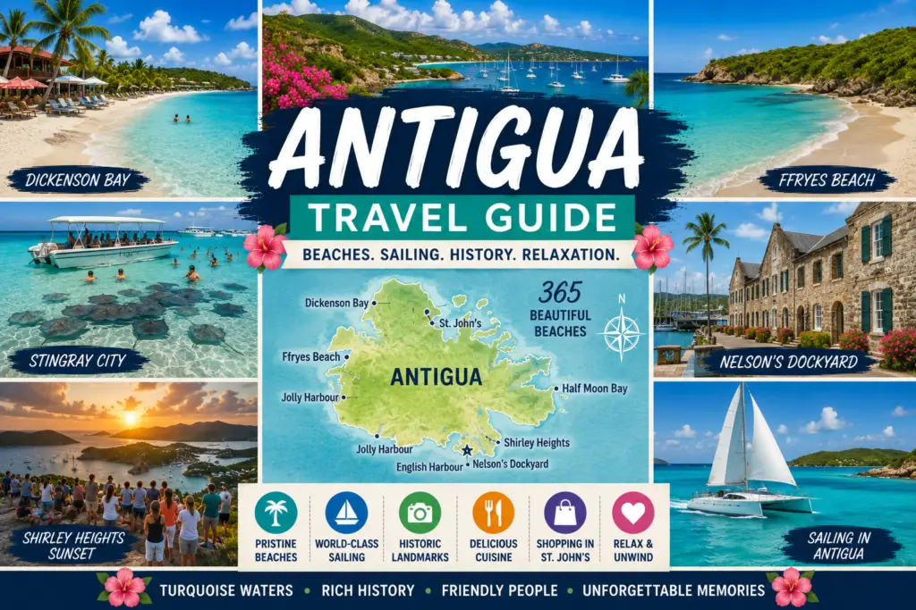 Antigua travel collage with Dickenson Bay Ffryes Beach Nelson’s Dockyard Shirley Heights sailing turquoise water island map and Caribbean scenery
