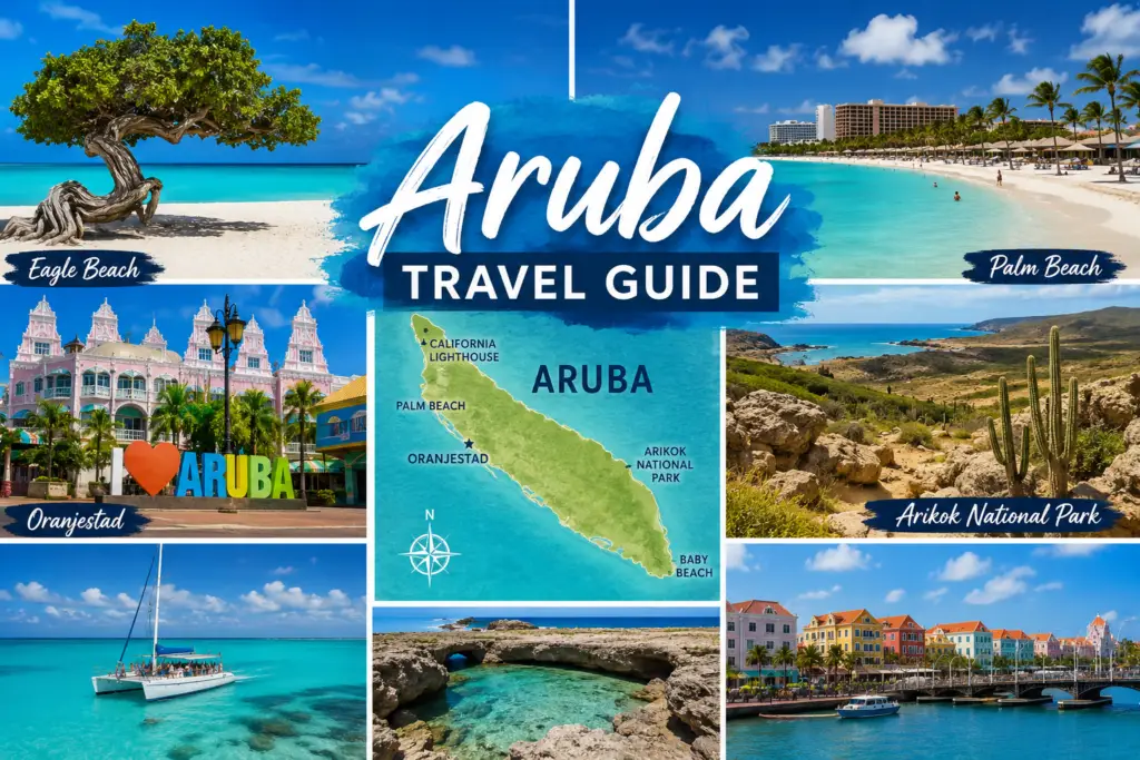 Aruba travel collage with Eagle Beach Palm Beach turquoise water fofoti trees Oranjestad Arikok National Park island map and Caribbean scenery
