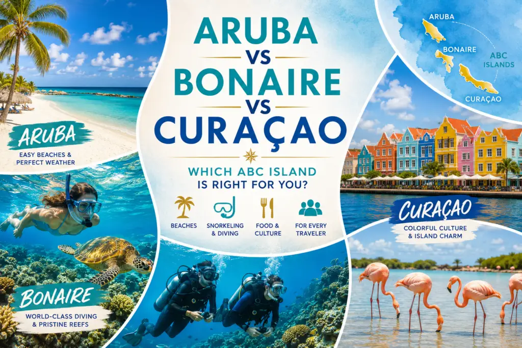 ABC Islands travel collage with Aruba beaches Bonaire snorkeling and diving Curaçao colorful Willemstad waterfront and Caribbean map