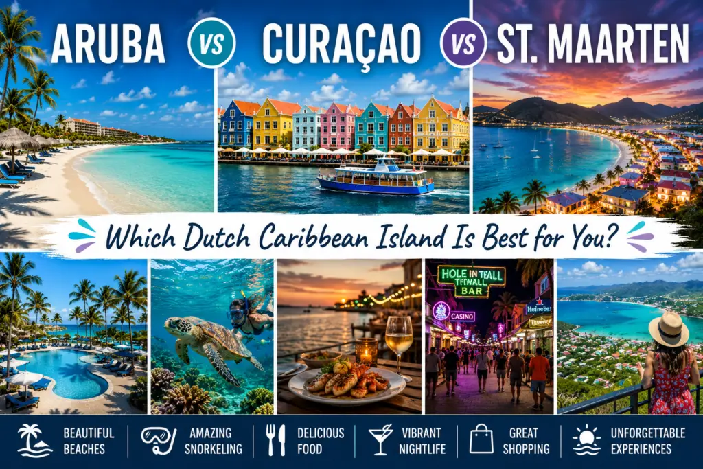 Aruba vs Curaçao vs St. Maarten collage with Dutch Caribbean beaches colorful waterfront dining nightlife resorts and turquoise water