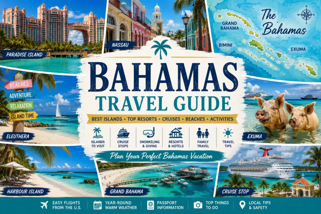 Bahamas travel collage with turquoise water Nassau Paradise Island Exuma beaches boating cruise ship resorts island map and tropical scenery