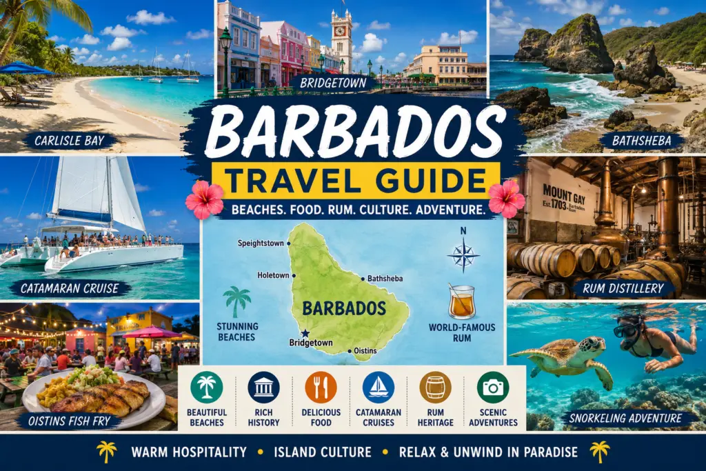 Barbados travel collage with Carlisle Bay Bridgetown Bathsheba catamaran cruise rum distillery Oistins food island map and Caribbean scenery