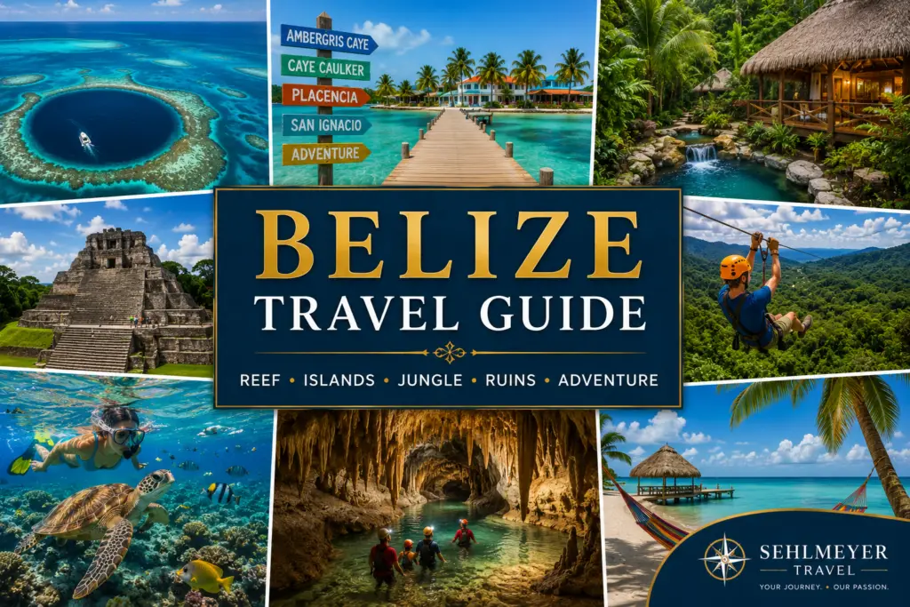 Belize travel collage with barrier reef island pier jungle lodge Mayan ruins cave adventure and turquoise Caribbean water for a Belize vacation guide