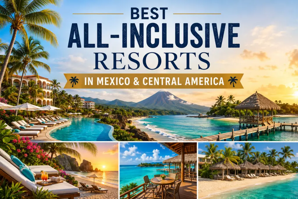 Luxury beach resort with turquoise water palm trees and tropical scenery for a Mexico and Central America all-inclusive resort guide
