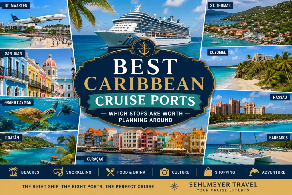 Premium Caribbean cruise ports collage with cruise ship St Maarten St Thomas San Juan Cozumel Grand Cayman Nassau Roatan Curacao Barbados beaches snorkeling food and culture