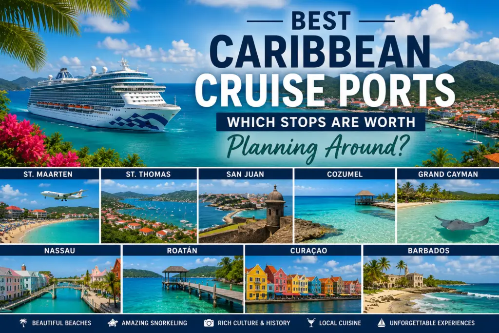 Caribbean cruise ship sailing near tropical islands with turquoise water and cruise ports including St. Maarten St. Thomas San Juan Cozumel Grand Cayman Nassau Roatán Curaçao and Barbados