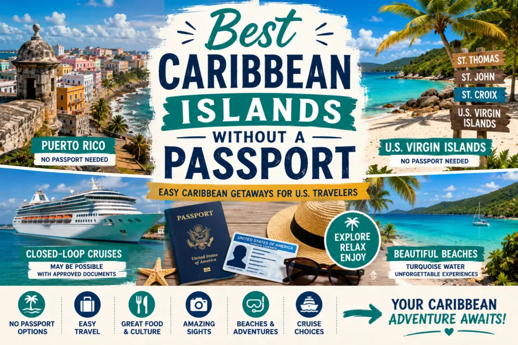 Best Caribbean islands without a passport collage with Puerto Rico U.S. Virgin Islands beaches cruise ship travel documents and turquoise water