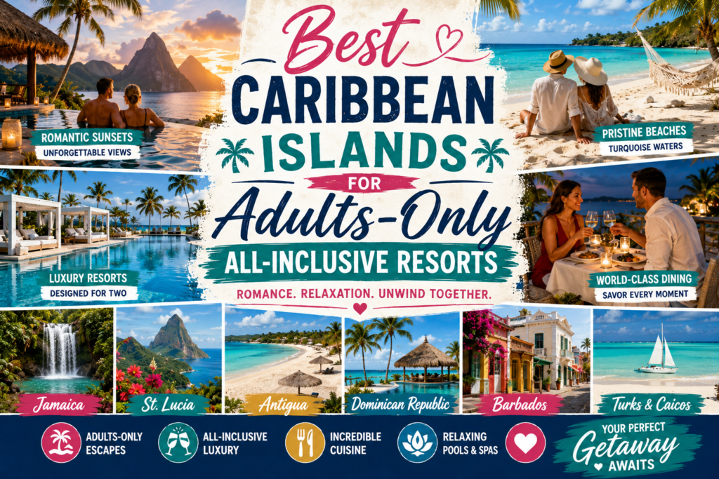 Best Caribbean islands for adults-only all-inclusive resorts collage with romantic beaches luxury resorts couples dining pools and turquoise water