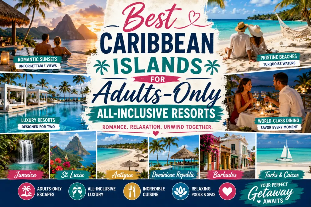 Best Caribbean islands for adults-only all-inclusive resorts collage with romantic beaches luxury resorts couples dining pools and turquoise water