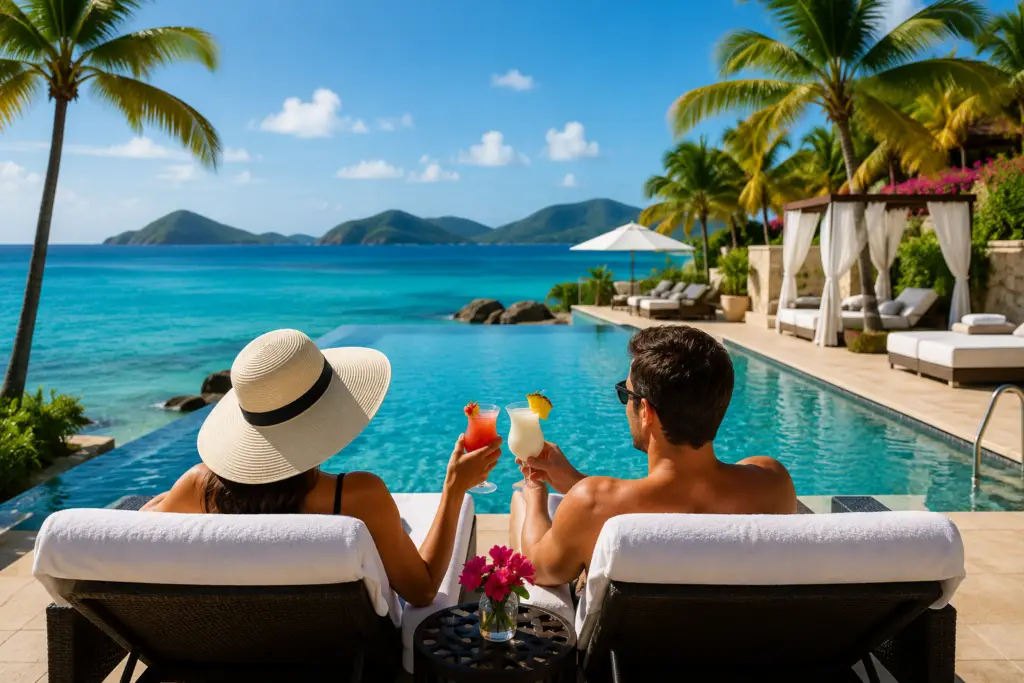 Couple relaxing at a luxury Caribbean adults-only all-inclusive resort with turquoise water and palm trees