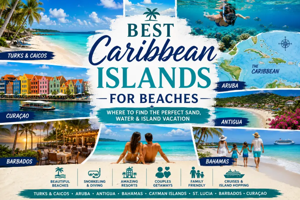 Caribbean beach travel collage with turquoise water white sand palm trees island map resorts snorkeling couples family vacation and tropical scenery