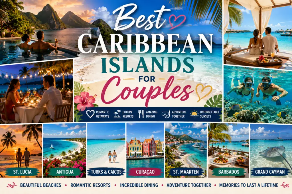 Best Caribbean islands for couples collage with romantic beaches luxury resorts dining snorkeling sunsets and turquoise Caribbean water