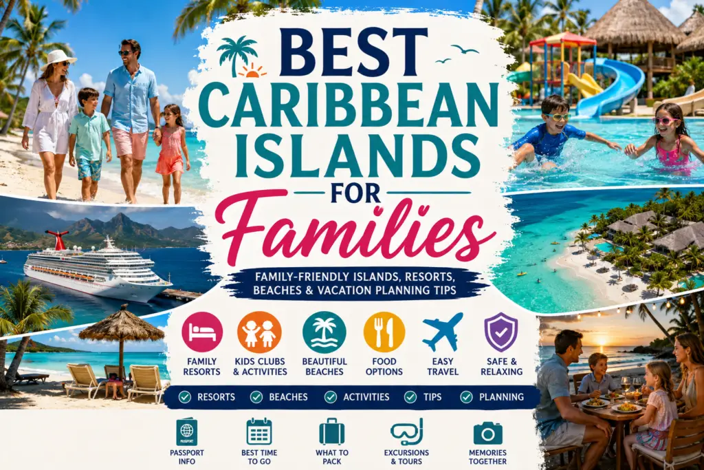 Best Caribbean islands for families collage with beach resorts kids activities pools cruises turquoise water and family vacation planning icons