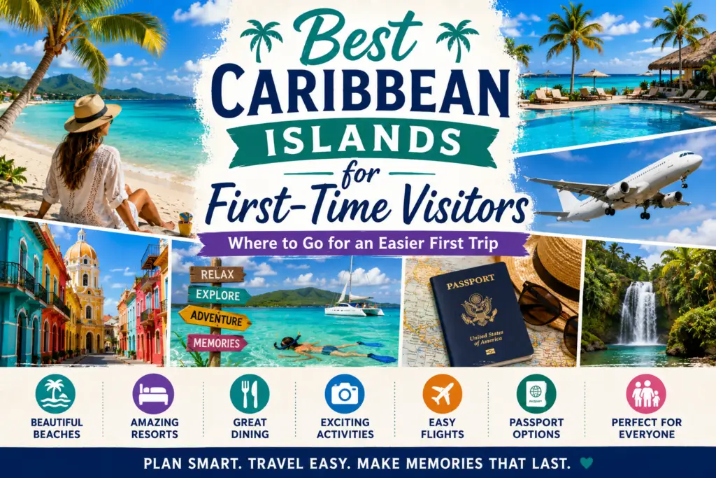 Best Caribbean islands for first-time visitors collage with beaches resorts flights passports activities and turquoise Caribbean water