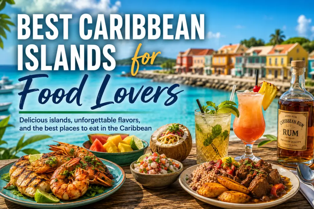 Caribbean table with seafood tropical fruit rum cocktails and turquoise water for a food lovers island travel guide