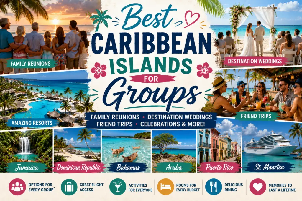 Best Caribbean islands for groups collage with beach resorts family reunions destination weddings friend trips cruise ship and turquoise water