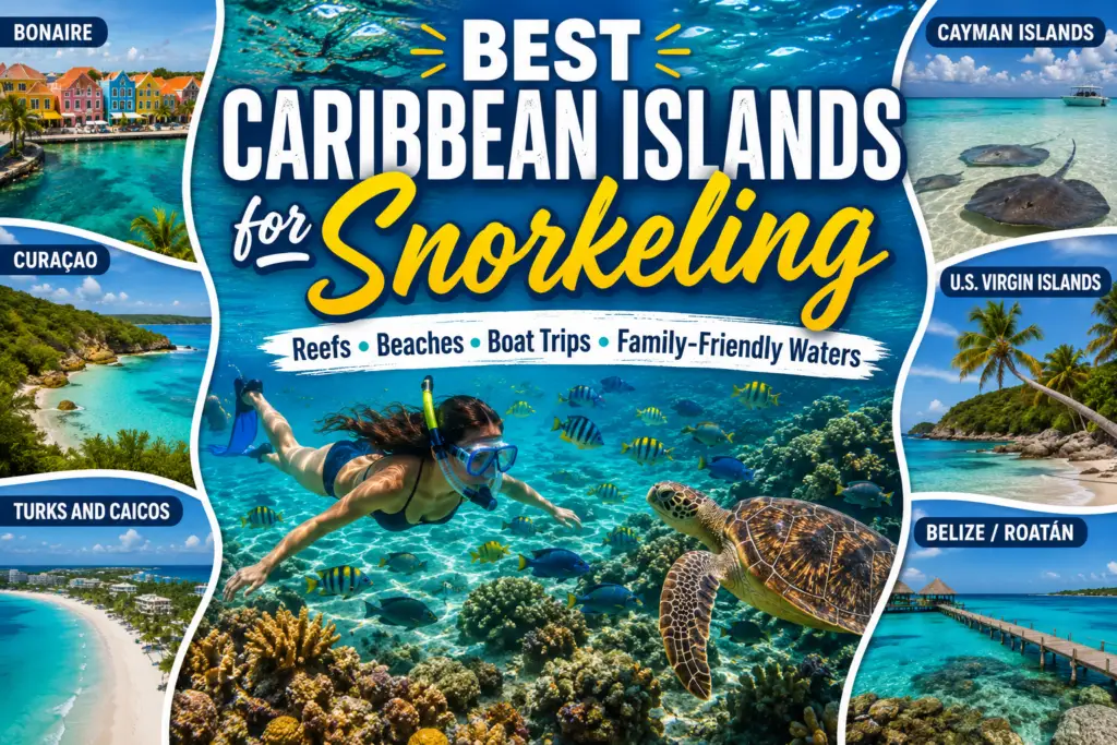 Best Caribbean islands for snorkeling collage with snorkeler sea turtle coral reefs Bonaire Curaçao Turks and Caicos Cayman Islands U.S. Virgin Islands Belize Roatán and turquoise Caribbean water