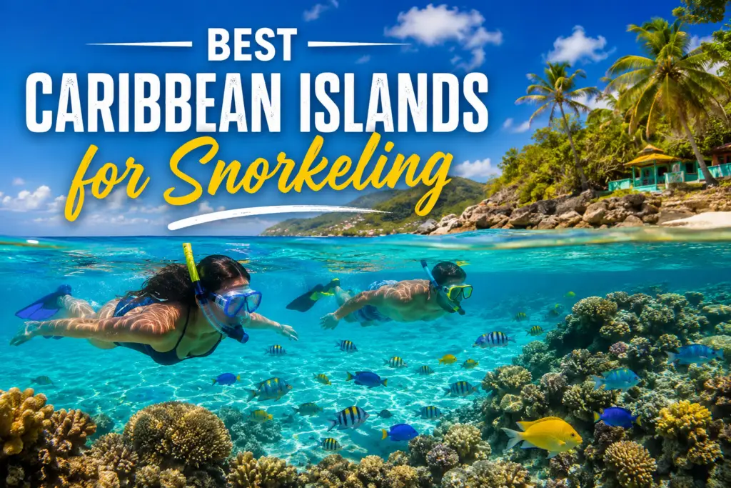 Clear Caribbean water with coral reef tropical fish and snorkelers for a guide to the best Caribbean islands for snorkeling